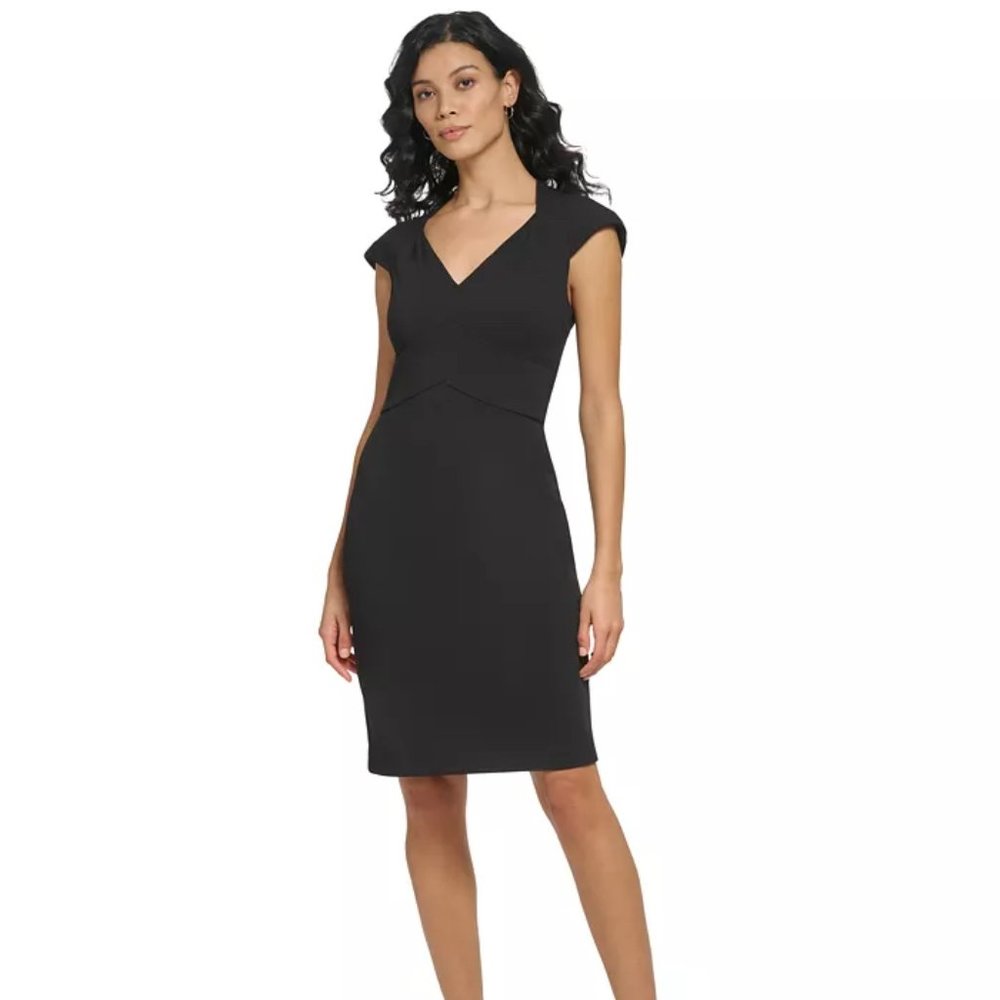Women's V-Neck Cap-Sleeve Scuba Crepe Sheath Dress